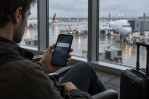 Traveler gets an Alarm.com power loss alert on a phone while away from home