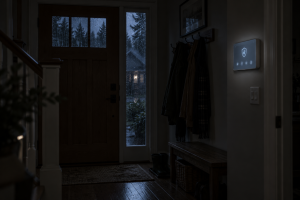 Alarm.com security panel running on its security system backup battery in a dark hallway during a power outage
